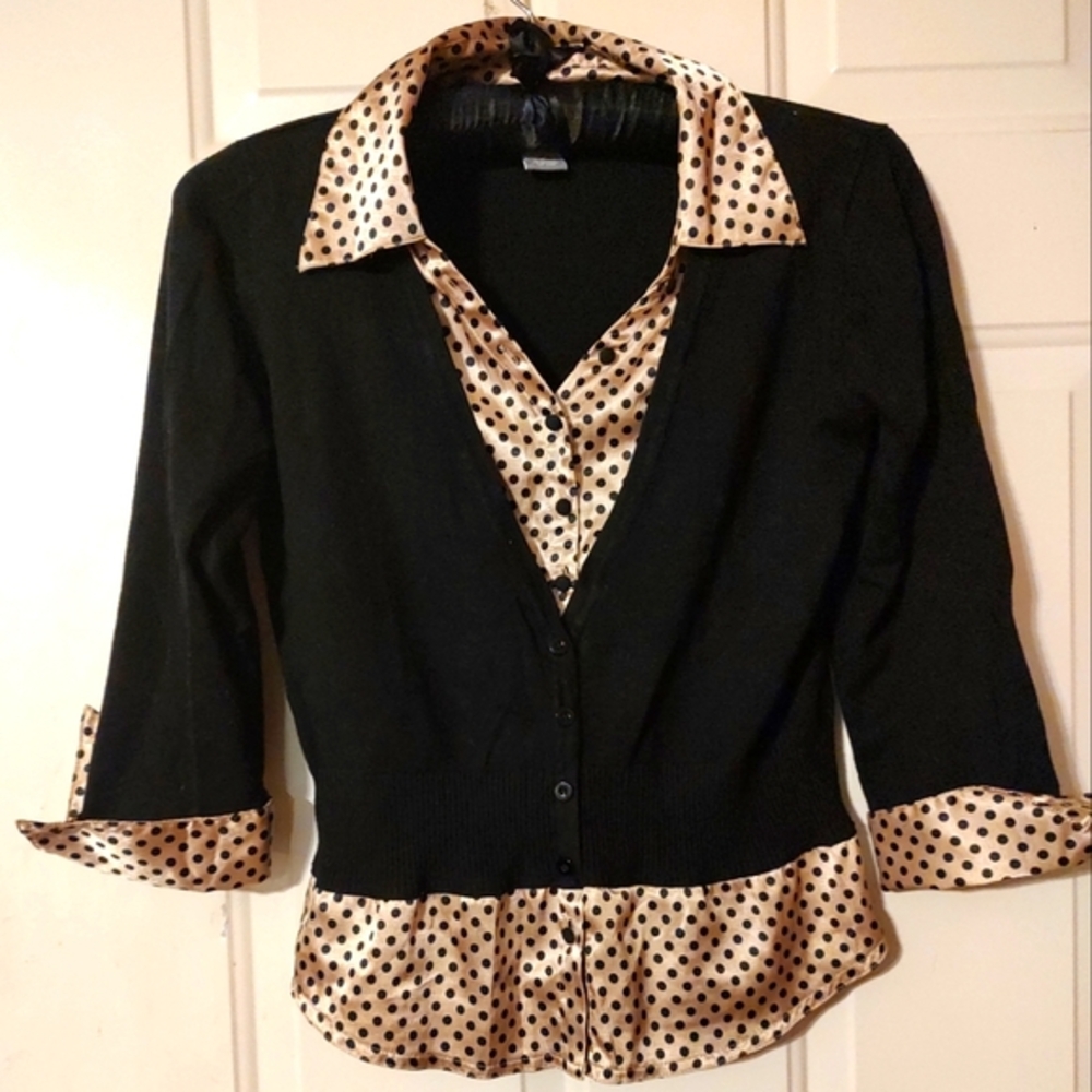 NY Collection Black Sweater with Gold Polka Dot Trim